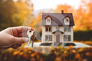 Real estate agent holding house key in hand. Real estate concept. Ai generative