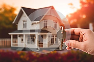 Real estate agent holding house key in hand. Real estate concept. Ai generative