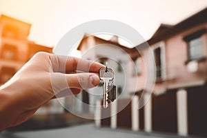 Real estate agent holding house key in hand. Real estate concept. Ai generative