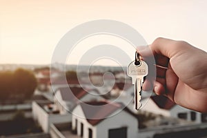 Real estate agent holding house key in hand. Real estate concept. Ai generative