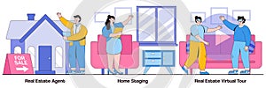 Real estate agent, home staging, real estate virtual tour concept with people character. Real estate buying experience vector