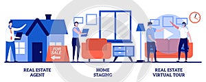 Real estate agent, home staging, real estate virtual tour concept with tiny people. Real estate buying experience vector