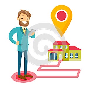 Real estate agent and house with map pointer.