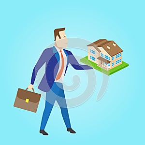 Real estate agent with a house model for sale. Vector illustration.