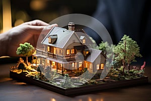 Real estate agent offering house and property insurance with model and key