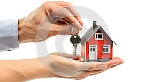 a real estate agent& x27;s hands holding keys and a house model against a pristine white background, symbolizing the