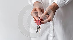 a real estate agent& x27;s hands holding keys and a house model against a pristine white background, symbolizing the