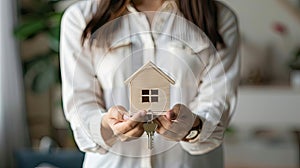 a real estate agent's hands holding keys and a house model against a pristine white background, symbolizing the