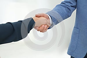 Real estate agent shaking hands with client in new apartment, closeup