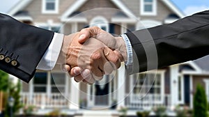 Real estate agent shaking hands with customer on house background outdoors. Mortgage, home loan and insurance concept.