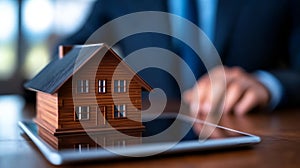 Real estate agent showcasing foreclosed home listings on tablet. Concept, banner with copy space photo