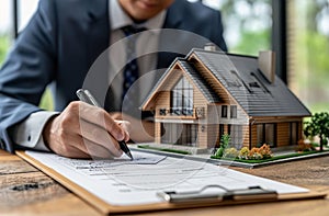 Real estate agent signs document in front of house model sealing the deal for a property sale, home loan paperwork picture