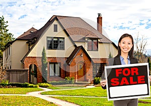 Real estate agent standing outside house