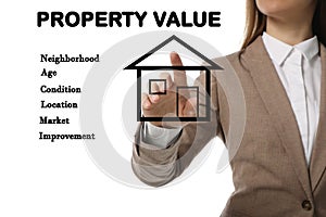 Real estate agent using virtual screen with house illustration. Property value concept