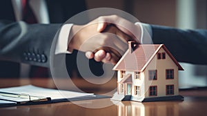 Real estate agents and customers shake hands to congratulate on signing a contract to buy a house with land. AI Generated