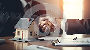 Real estate agents and customers shake hands to congratulate on signing a contract to buy a house with land. AI Generated