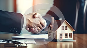 Real estate agents and customers shake hands to congratulate on signing a contract to buy a house with land. AI Generated