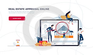 Real estate appraisal online landing page template. Inspectors remotely estimate how much is the property worth. Home