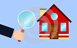 Real estate appraisal vector. businessman holding magnifier, house inspection.