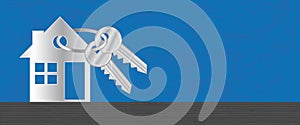 Real estate banner. For rent or for sell silver house with buyer keys header. Vector.