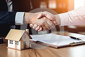 Real estate broker shaking hands with buyer after signing the contract. Generative AI