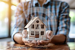 Real estate brokerage representative delivers sample home to customer, home insurance concept contract