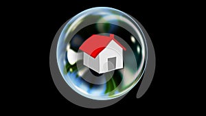 Real Estate Bubble: House in a bubble rises into view, wobbles, about to burst