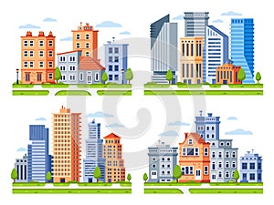 Real estate buildings. City houses cityscape, town apartment house building and urban residential district vector
