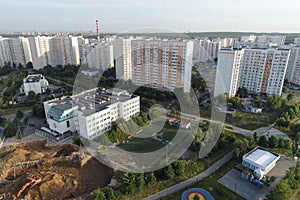 Real Estate buildings on Gorchakova street and Butovo park from the birds sight, Moscow, Russia