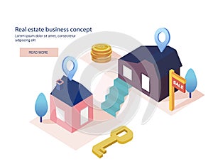 Real estate business concept with houses. House for sale, installment sale, credit,rent. The best location,Vector illustration. photo