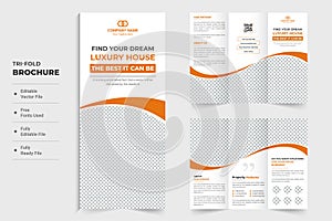 Real estate business promotional leaflet design with abstract orange shapes. Home sale tri fold brochure template vector for photo