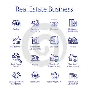 Real estate business set, realtor person, building