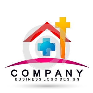 Real estate city family church medical care logo church cross home house sun logo icon element vector on white background