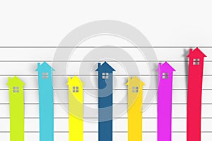 Real Estate Concept. Colour Column Flat Graph Chart Infographics House Paper Elements. 3d Rendering