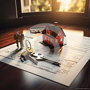 Real estate concept House keys, contract, model on agents desk