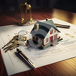 Real estate concept House keys, contract, model on agents desk