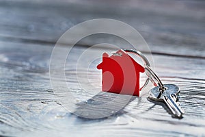 Real estate concept, Key ring and keys on wooden background