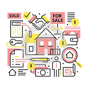 Real estate concept. Realty purchase, sale collage