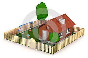 Real Estate Concept. Small House with Fence and Garden. 3d Rendering