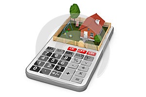 Real Estate Concept. Small House with Fence and Garden over Calculator. 3d Rendering