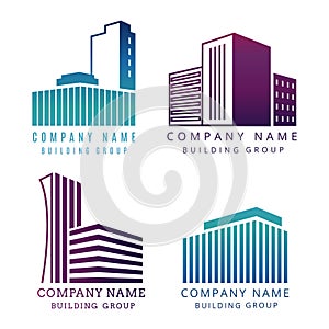 Real estate, construction company logo set. Construction emblems with builings vector illustration