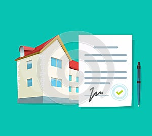 Real estate contract vector or agreement to loan mortgage on new apartment concept with approved signed document, house