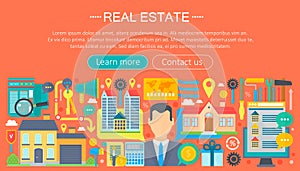 Real estate design concept set with online search apartment rental market buying flat icon infographics template design