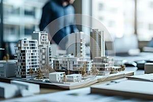 real estate development. architect working on new modern apartment buildings project in office. residential complex scale model on