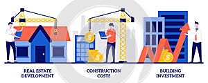 Real estate development, construction costs, building investment concept with tiny people. Construction project management vector