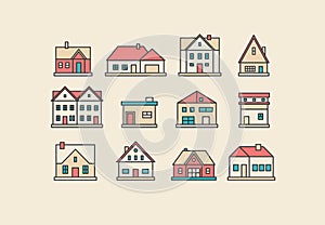 Real estate. Different buildings, houses. Minimalistic icons, logos. Colored graphic vector set