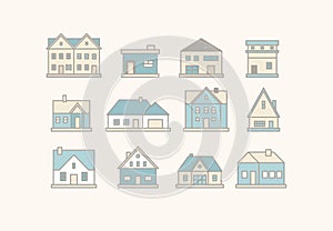 Real estate. Different buildings. Minimalistic icons, logos. Colored graphic vector set. Cartoon style, simple flat design