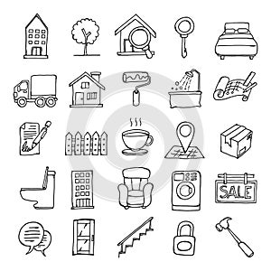 Real Estate Doodle vector icon set. Drawing sketch illustration hand drawn line eps10