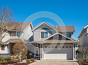 Real Estate Exterior Front House on a sunny day. Big custom made luxury house with nicely landscaped front yard