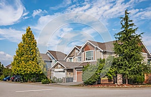 Real Estate Exterior Front House on a sunny day.Big custom made luxury house with nicely landscaped front yard in summer